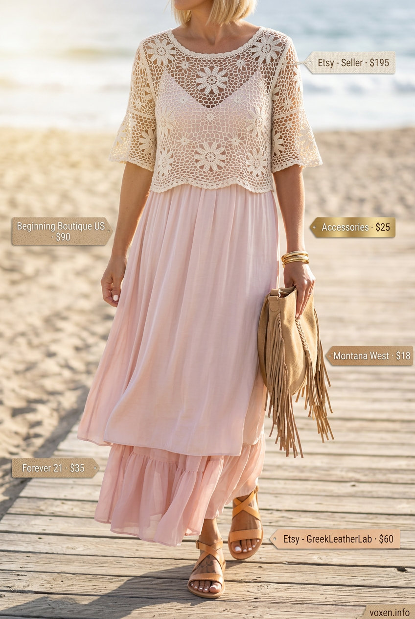 Boho summer pink outfits for women 2026: Light pink tiered maxi skirt with crochet crop top. Great for beach days.