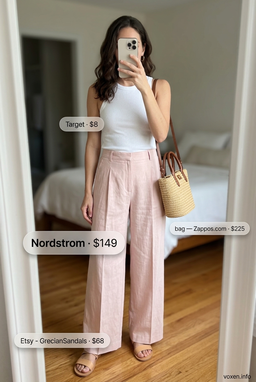 Blush pink linen matching set for summer outfits for women 2026, perfect for vacation or brunch.