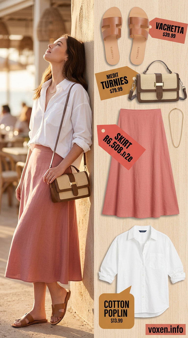 Pastel pink linen midi skirt outfit for summer 2026, with a crisp white shirt and tan slides.