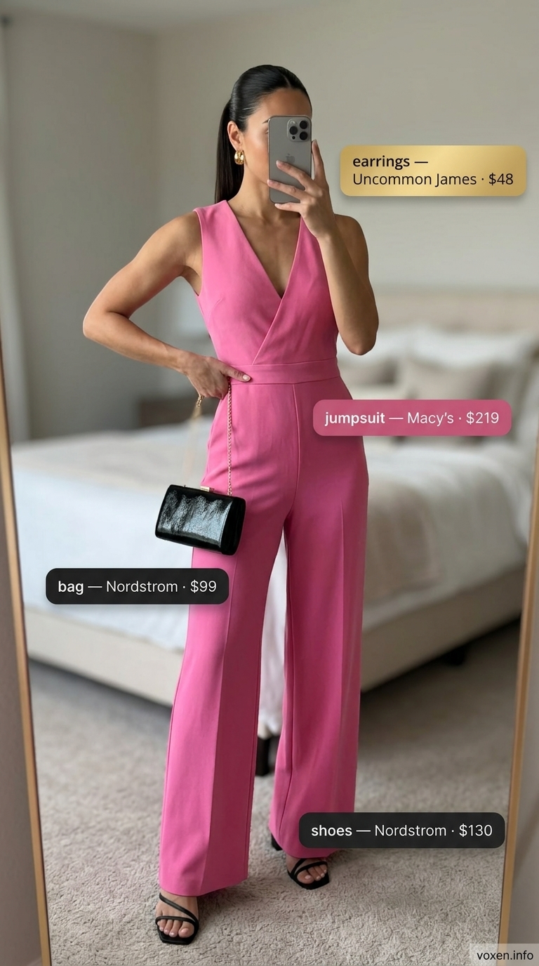 Sophisticated summer pink outfits for women 2026: Rose pink wide-leg jumpsuit. Perfect for cocktail parties.