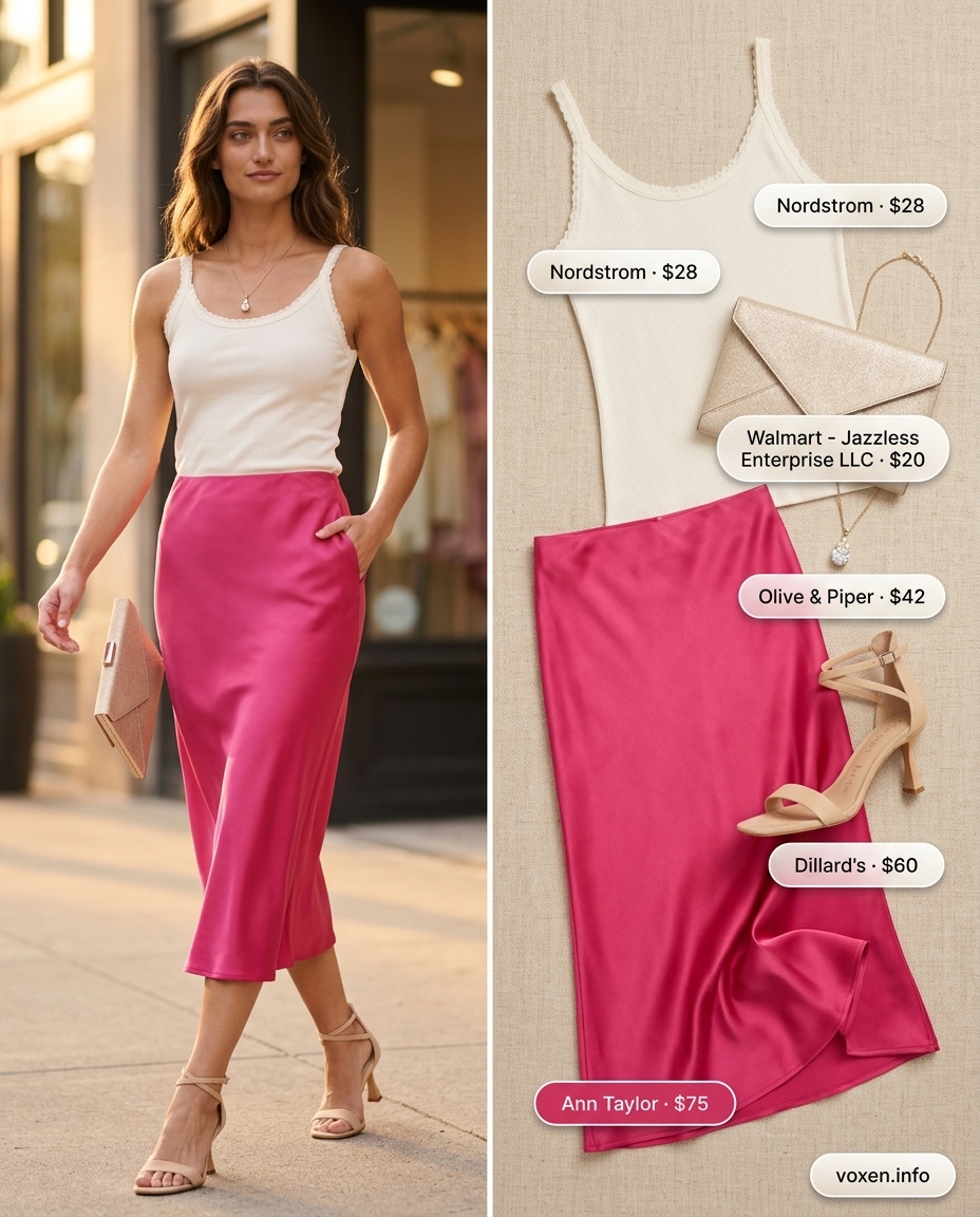 Romantic summer pink outfits for women 2026: Rose pink satin slip skirt with ivory knit cami. Perfect for dates.