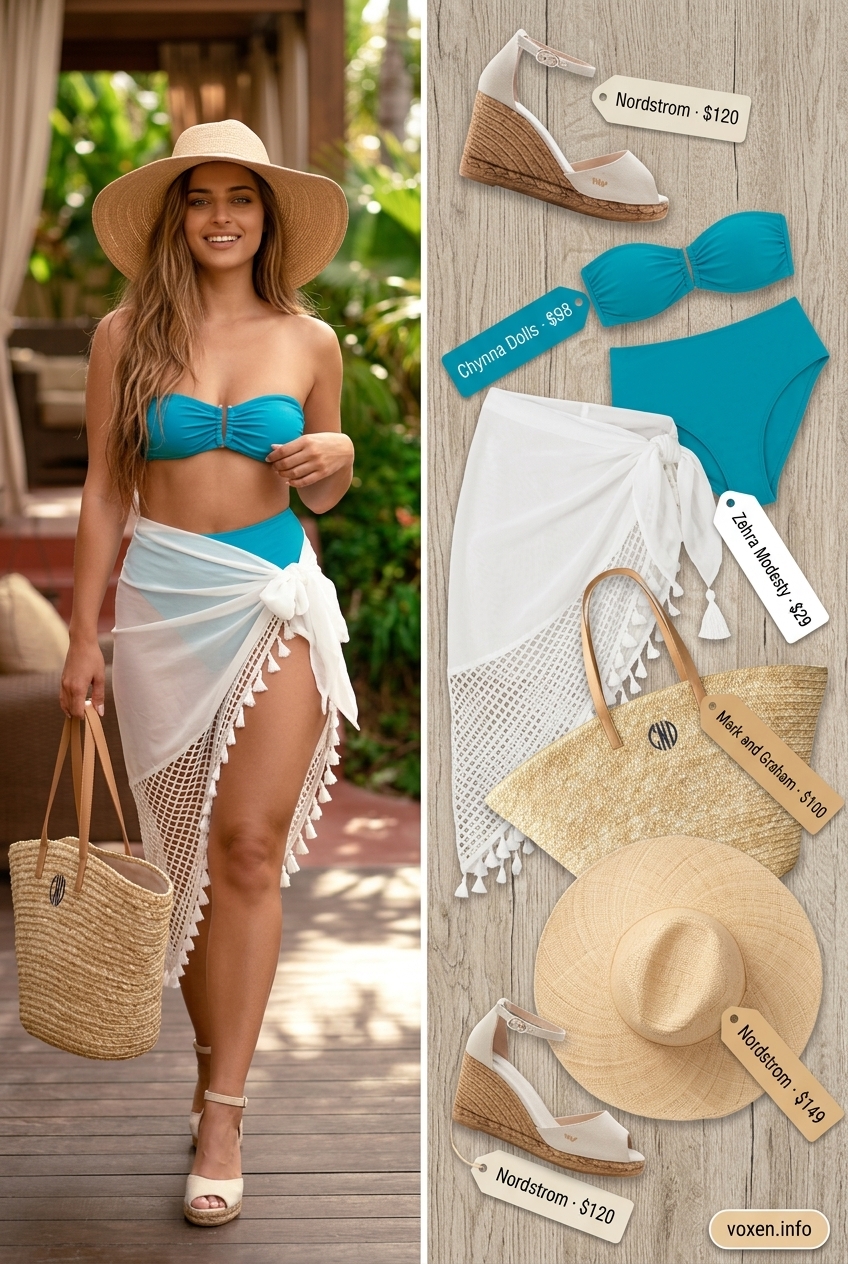 Aqua blue bikini, sheer sarong, wide-brim hat, and espadrille wedges for summer pool party outfits for women 2026.