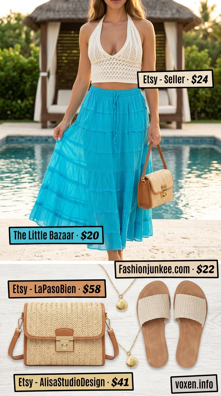 Turquoise tiered mini skirt, white crochet top, gold necklace, and raffia slides for summer pool party outfits for women 2026.