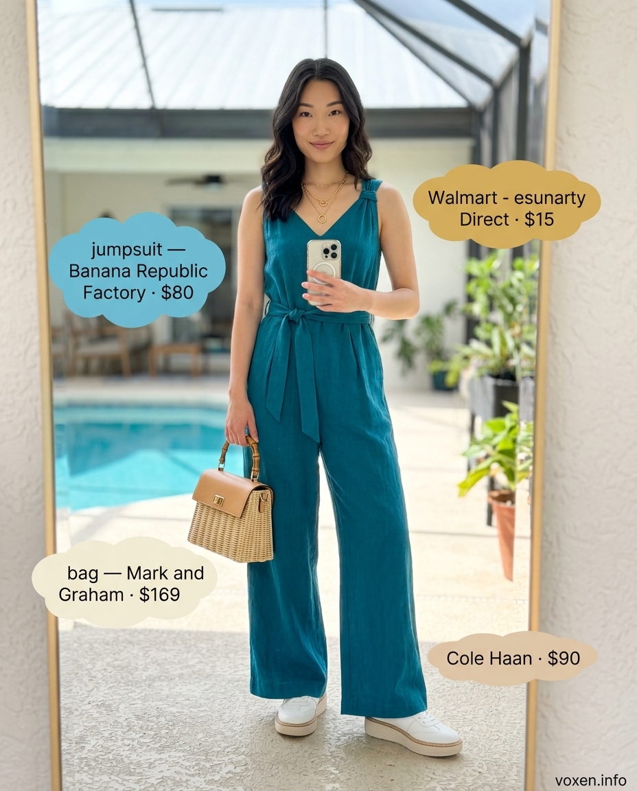 Azure blue linen jumpsuit with white sneakers and gold jewelry for summer pool party outfits for women 2026.