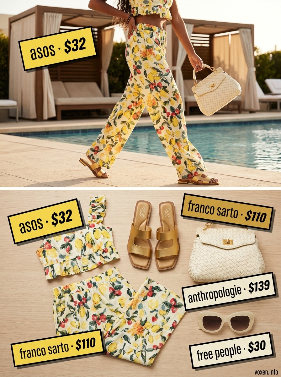 Citrus print pants and crop top, white cat-eye sunglasses, and structured bag for summer pool party outfits for women 2026.
