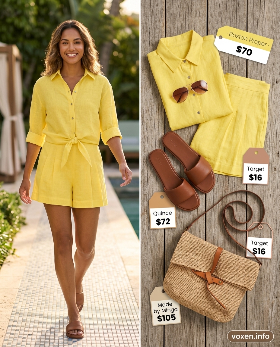 Lemon yellow linen shorts set with tan slides and aviator sunglasses for summer pool party outfits for women 2026.