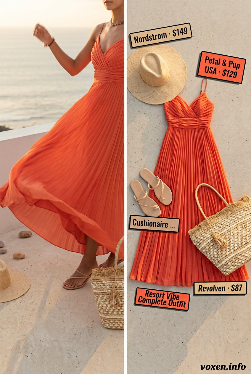 Coral maxi dress with straw hat and flat sandals for summer pool party outfits for women 2026.