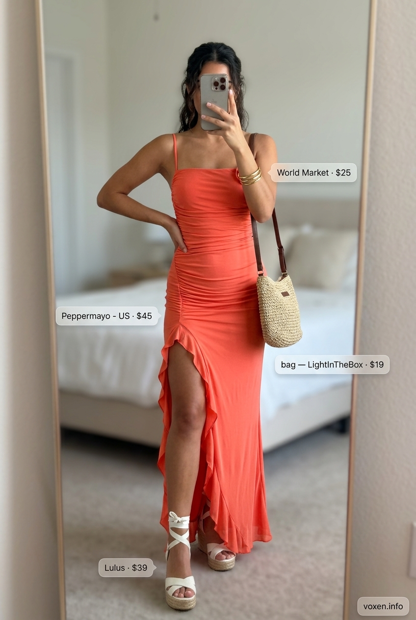 Coral orange maxi dress with espadrille wedges and woven bag for summer pool party outfits for women 2026.