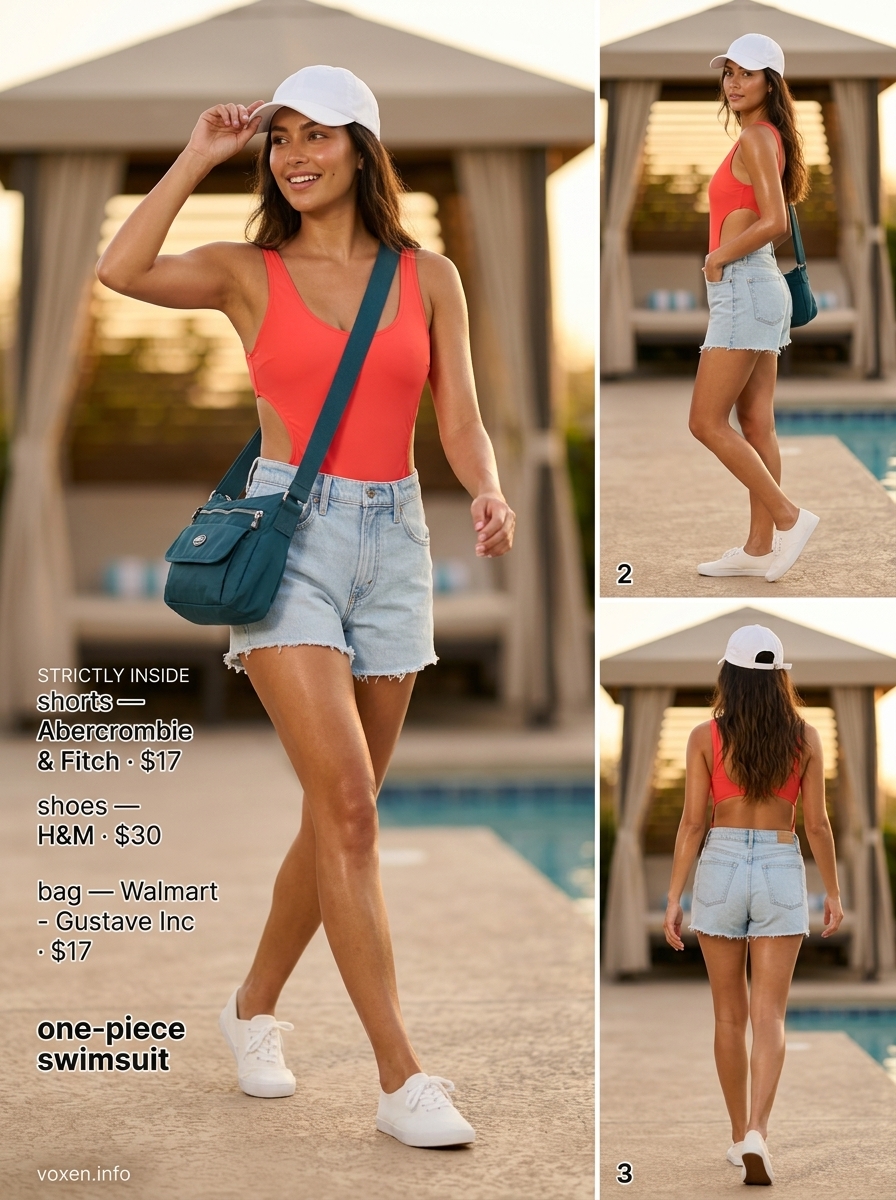 Coral cut-out one-piece swimsuit, denim shorts, white cap, and sneakers for summer pool party outfits for women 2026.