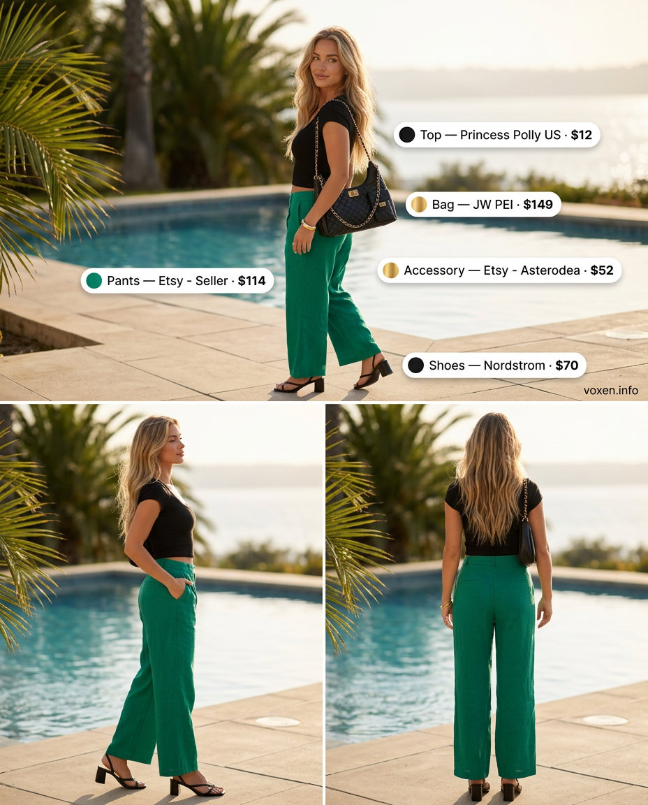 Emerald green linen wide-leg pants with black crop top and gold cuff for summer pool party outfits for women 2026.