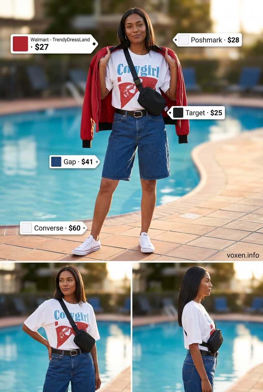 Indigo denim shorts with graphic tee, bomber jacket, and sneakers for summer pool party outfits for women 2026.