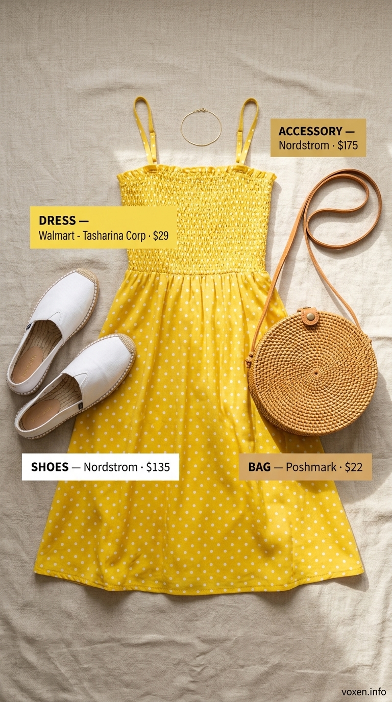 Lemon yellow polka dot sundress, gold bracelet, and woven crossbody bag for summer pool party outfits for women 2026.