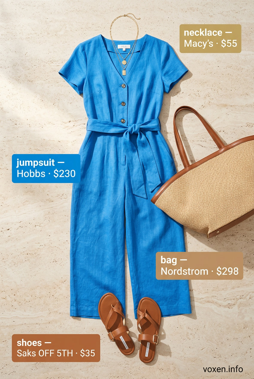 Azure blue linen jumpsuit, layered gold necklaces, and leather slides for summer pool party outfits for women 2026.