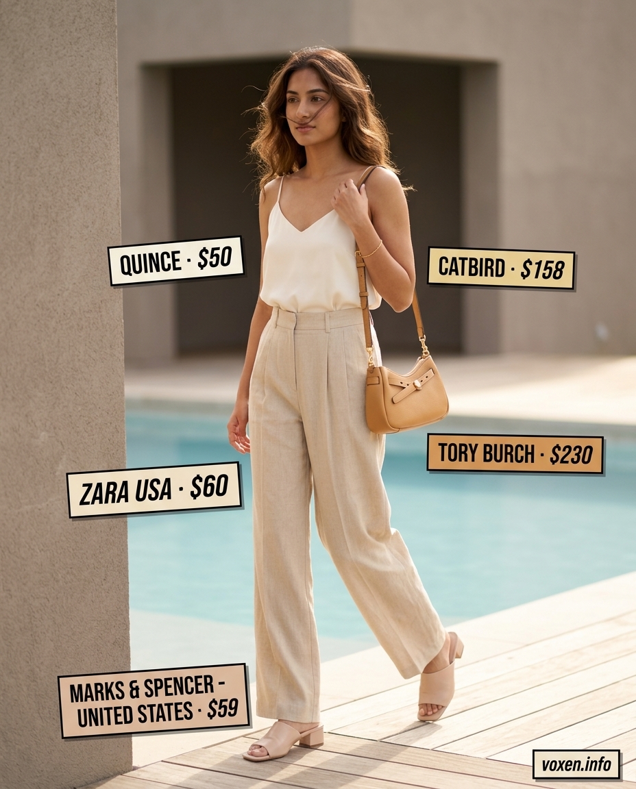 Beige linen trousers with cream camisole and flat mules for summer pool party outfits for women 2026.