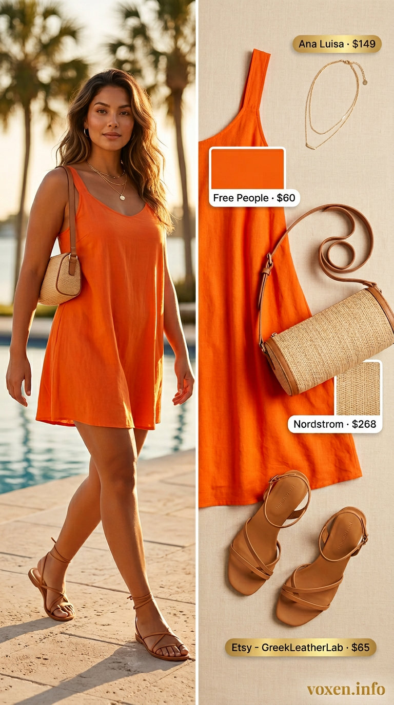 Mango orange linen blend mini dress with gold sandals for summer pool party outfits for women 2026.