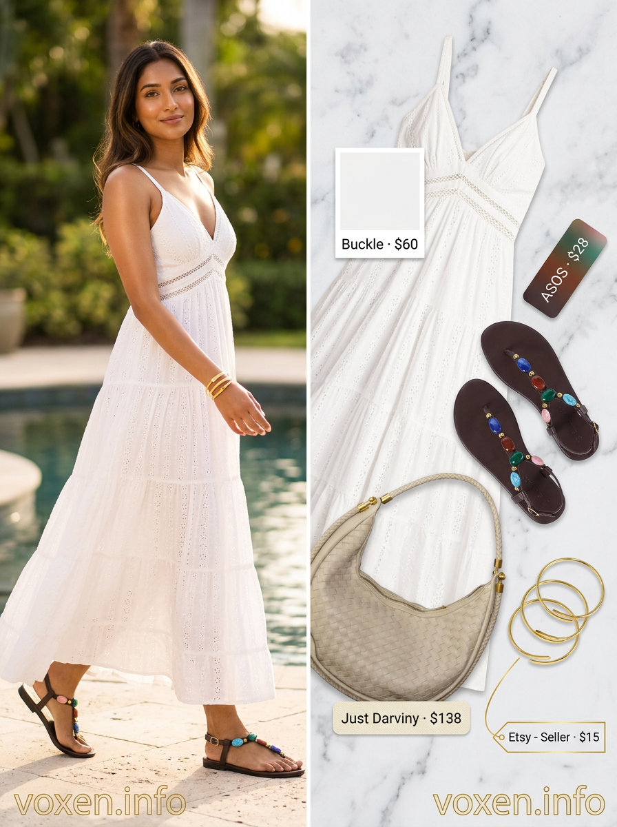 White tiered maxi dress, tan sandals, gold bangles, and slouchy hobo bag for summer pool party outfits for women 2026.