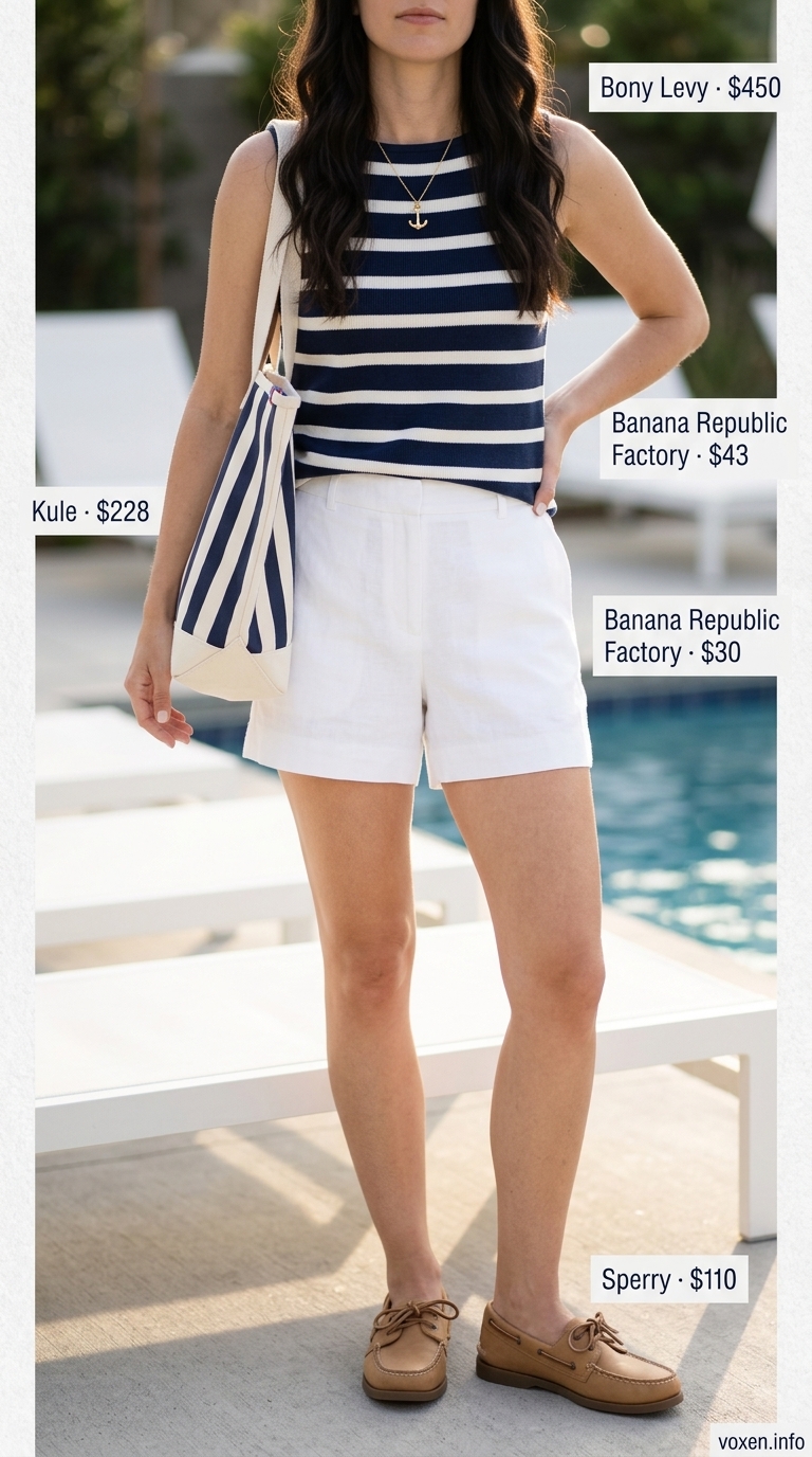 Navy and white striped top with white linen shorts and boat shoes for summer pool party outfits for women 2026.
