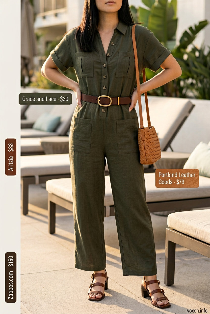 Khaki utility jumpsuit with leather belt and block heel sandals for summer pool party outfits for women 2026.