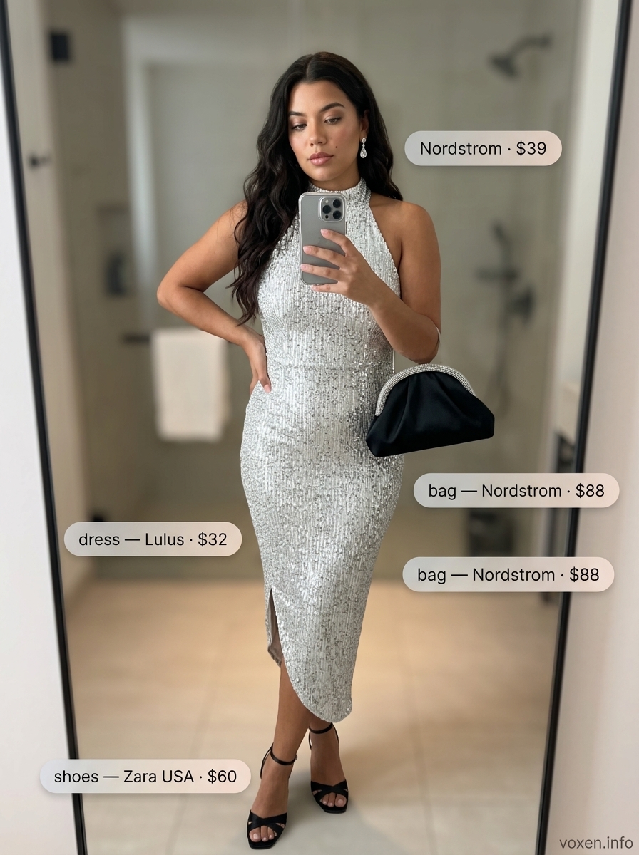 Silver sequin halter midi dress, black sandals, and clutch for summer pool party outfits for women 2026.