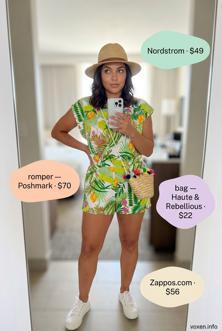 Tropical print romper, Panama hat, platform sneakers, and pom-pom bag for summer pool party outfits for women 2026.