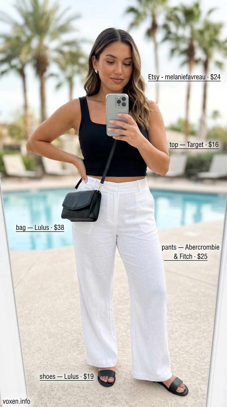 White linen wide-leg pants with black cropped tank and black sandals for summer pool party outfits for women 2026.