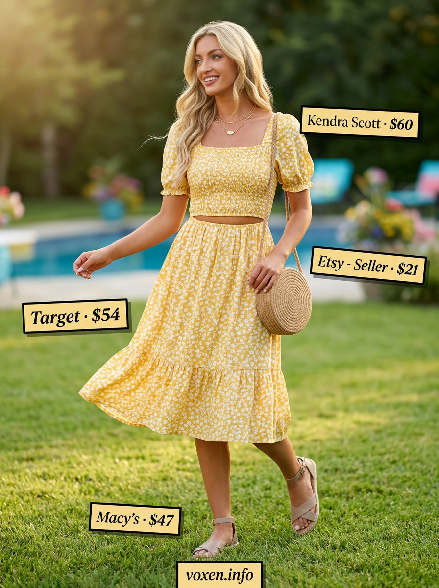 Yellow smocked sundress with espadrilles and straw bag for summer pool party outfits for women 2026.