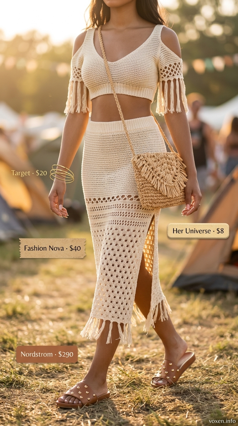 Boho summer rave outfit for women 2026: cream crochet set, straw bag, gold jewelry. Perfect for festivals.