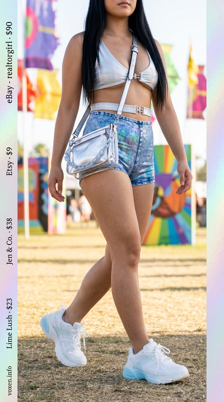 Celestial rave outfit for women 2026: Holographic bralette, acid wash shorts, white bucket hat & chunky sneakers.