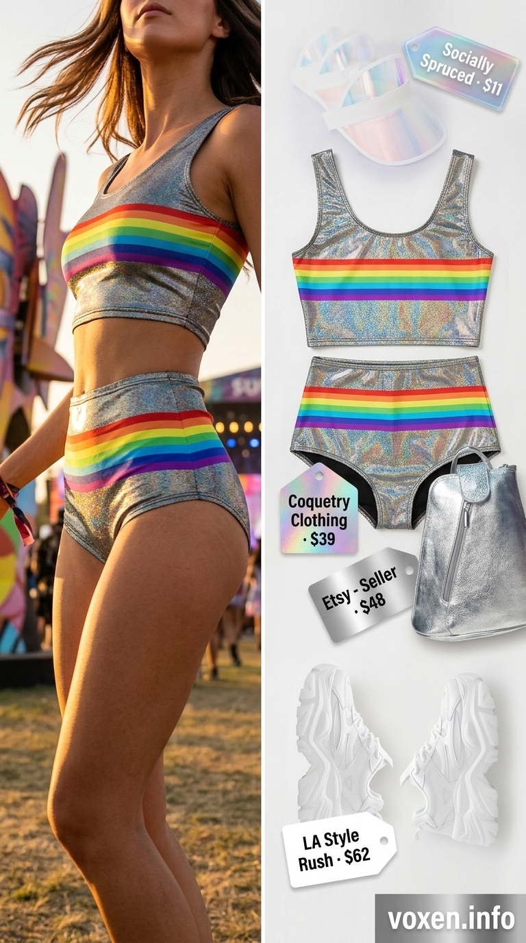 Cosmic rave outfit for women 2026: Holographic co-ord set, white platforms, iridescent visor & chunky glitter.