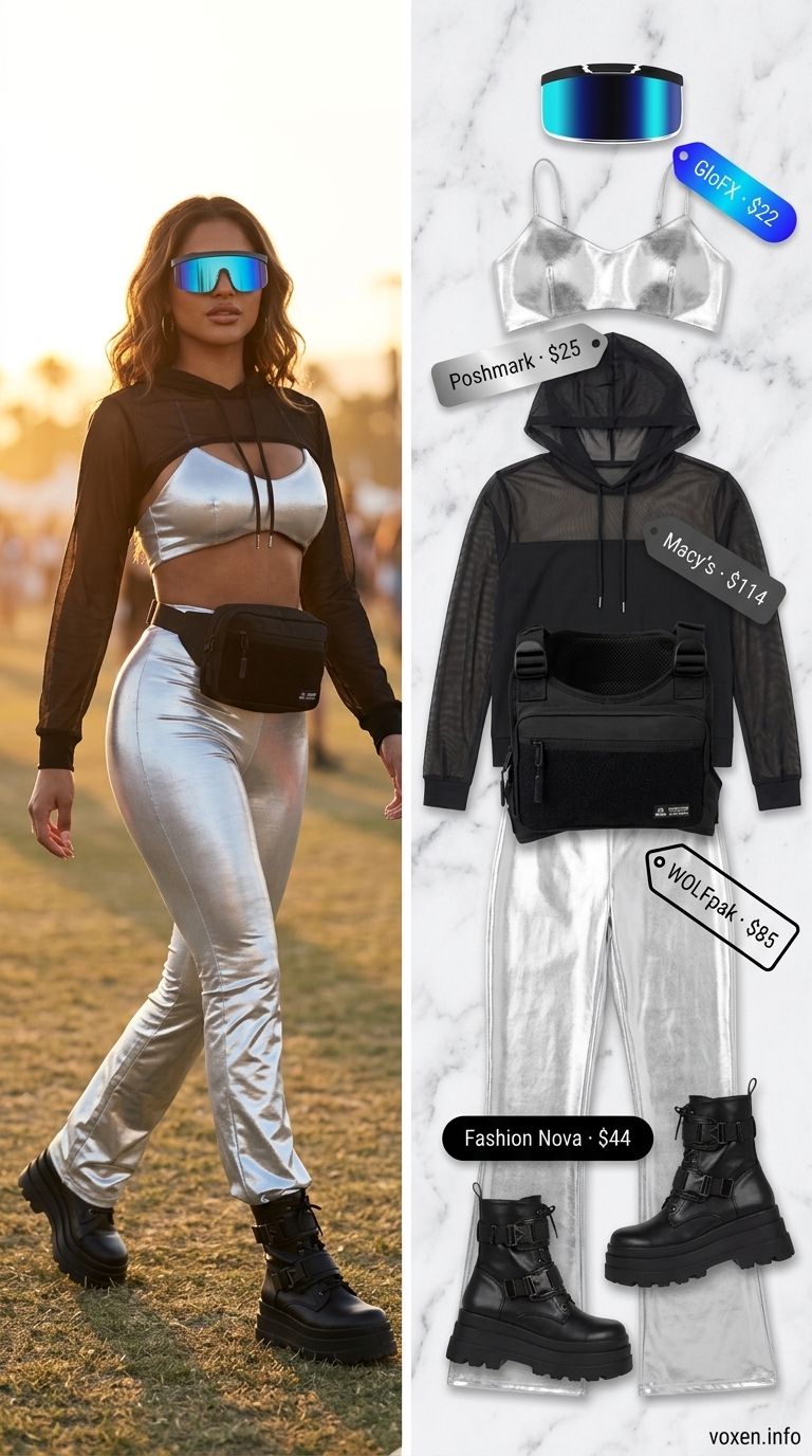 Edgy silver bralette & reflective pants for a summer rave outfit for women 2026.