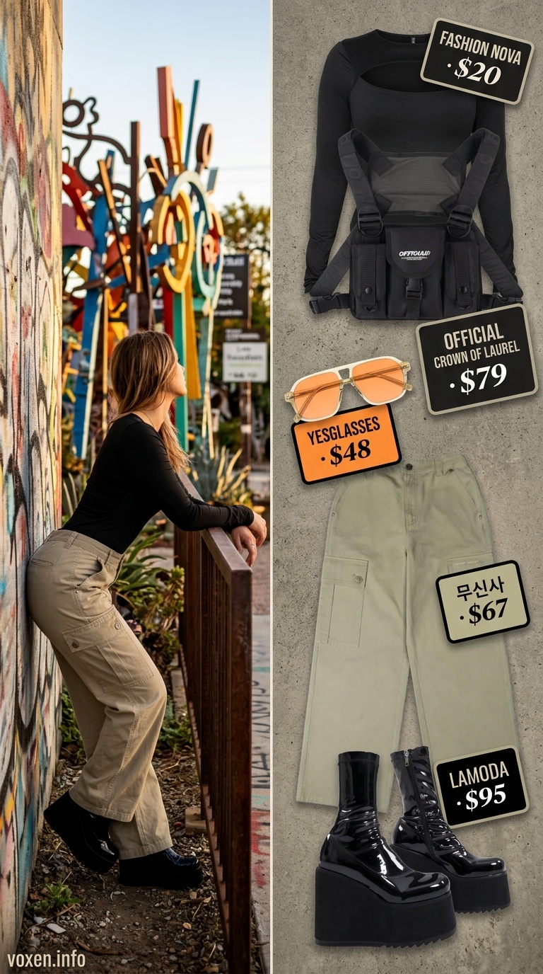 Fierce khaki cargo pants & black bodysuit for a summer rave outfit for women 2026.