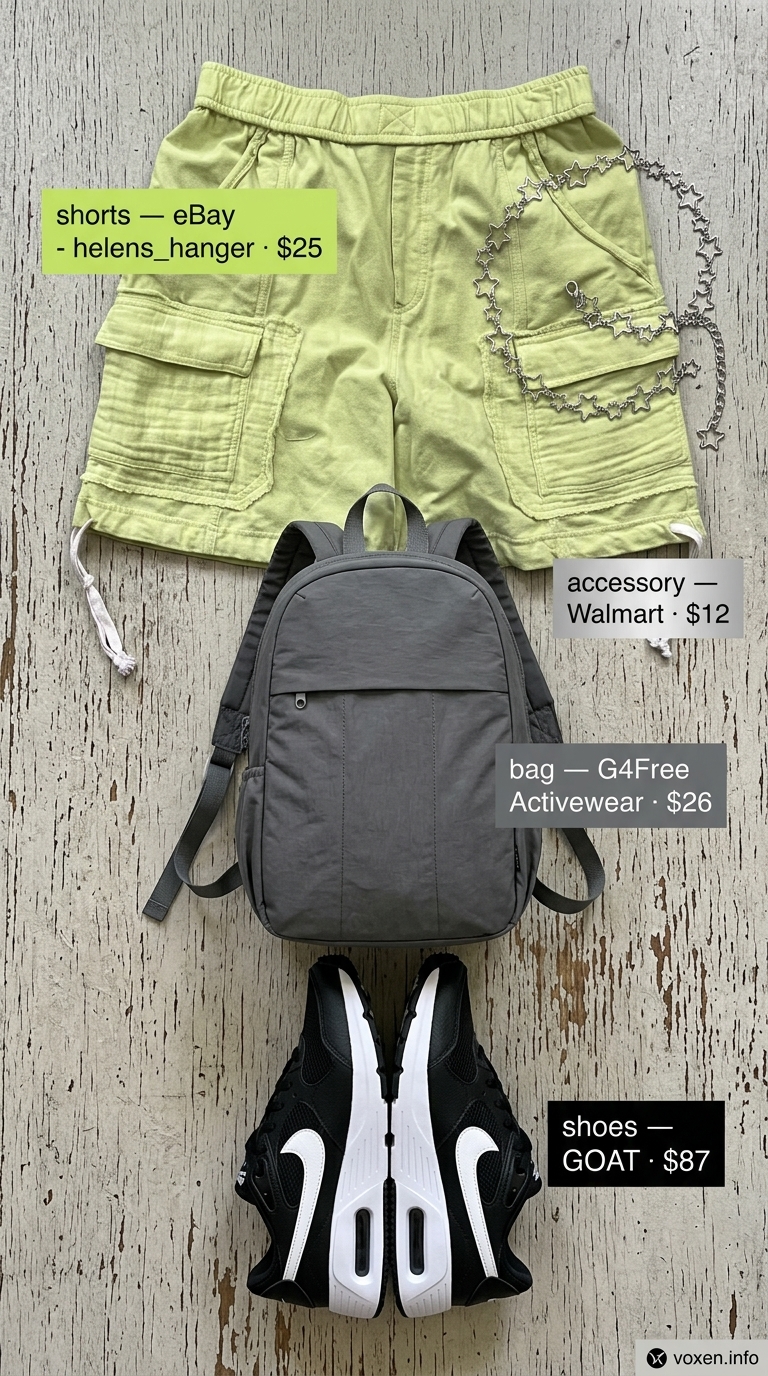 Sporty lime green crop top & black utility shorts for a summer rave outfit for women 2026.