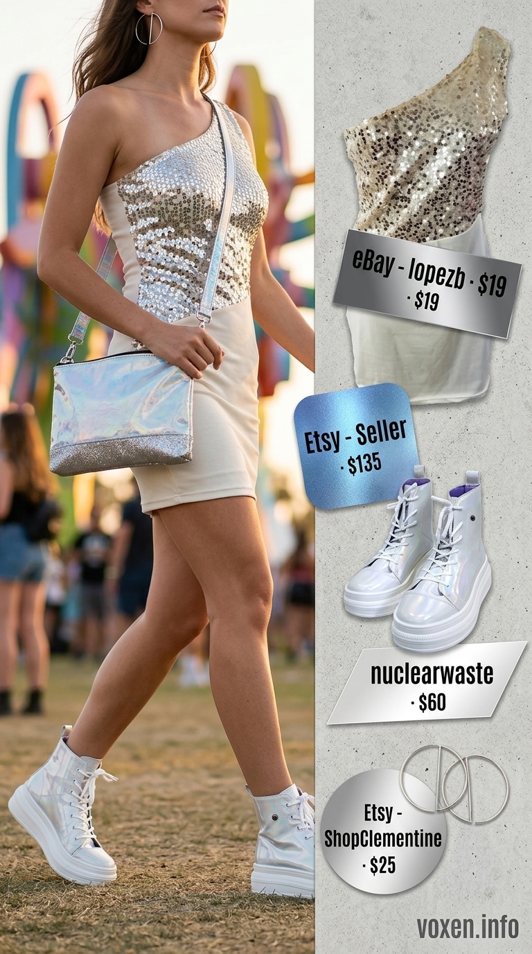 Sleek white & silver asymmetrical top with holographic skirt for a summer rave outfit for women 2026.