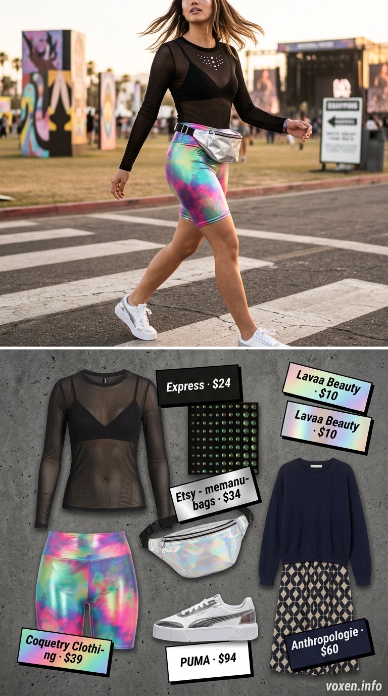 Iridescent holographic shorts & mesh top for a summer rave outfit for women 2026.