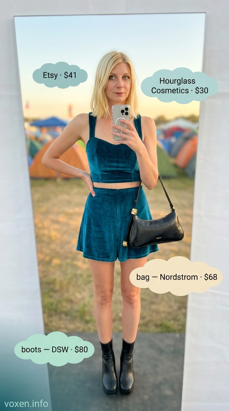 Chic summer rave outfit for women 2026: teal velvet set, platform boots, gold accessories. Groovy festival style.