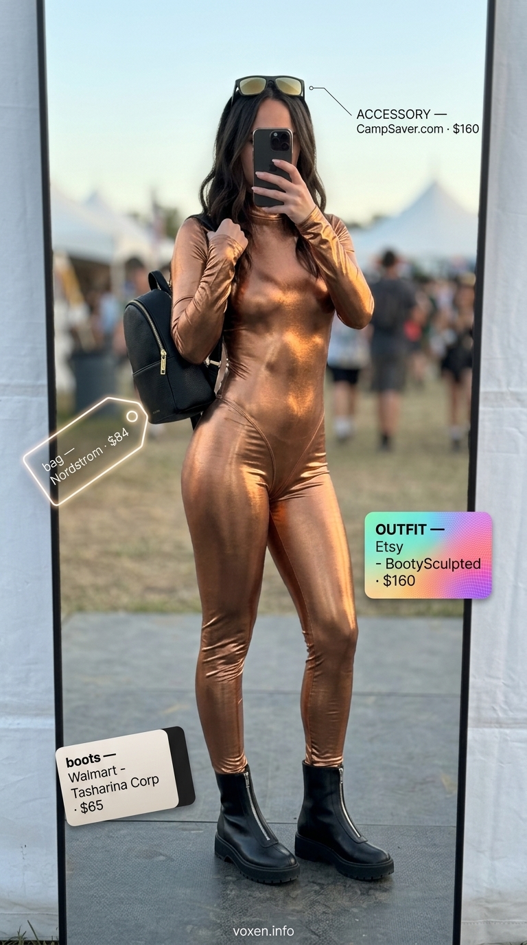 Glamorous summer rave outfit for women 2026: metallic bronze bodysuit, utility skirt, platform boots.