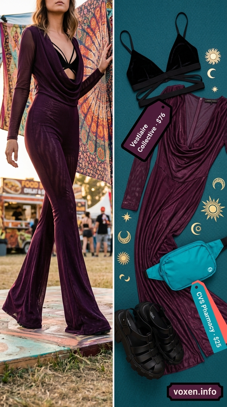 Mystical rave jumpsuit for women 2026: Sheer purple jumpsuit, velvet bralette, platform sandals & foil tattoos.