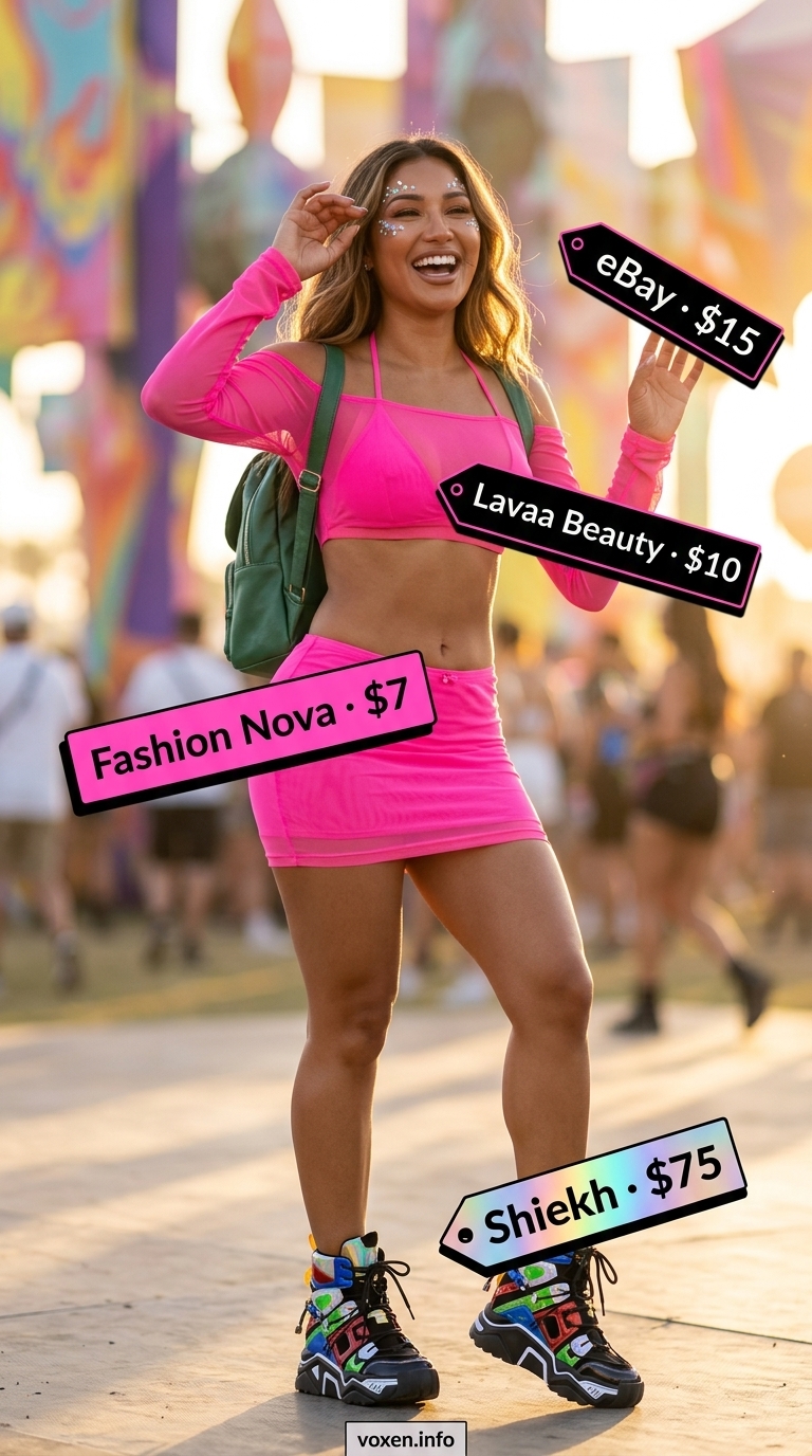 Neon summer rave outfit for women 2026: pink mesh set, chunky sneakers, glitter. Energetic festival style.