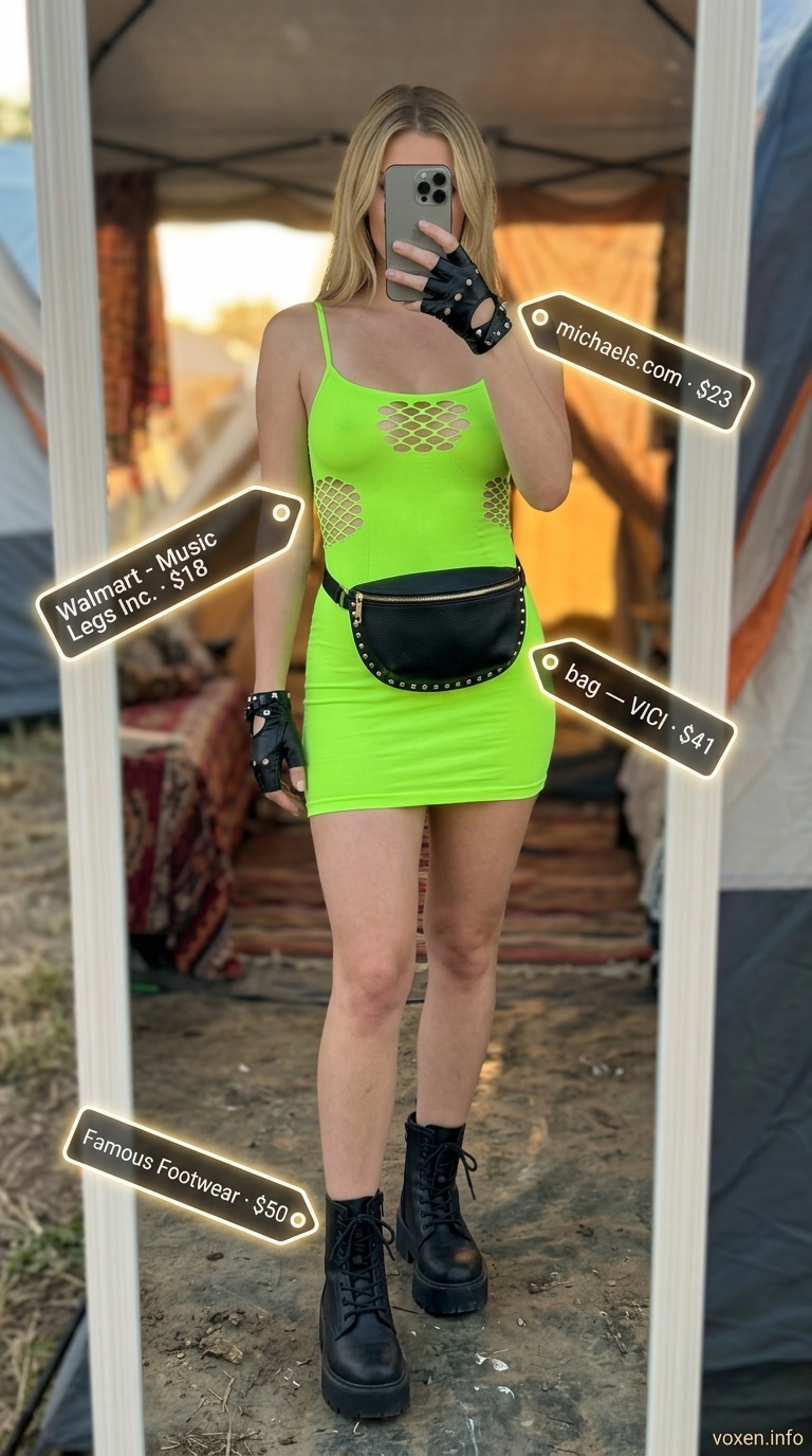 Edgy summer rave outfit for women 2026: fishnet dress, neon bralette, combat boots. Provocative festival style.