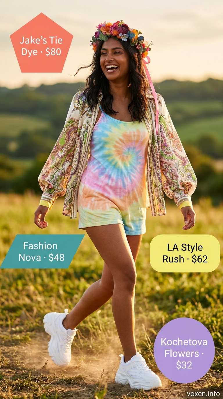 Boho rave romper for women 2026: Tie-dye romper, white platforms, flower crown & mirrored sunglasses.