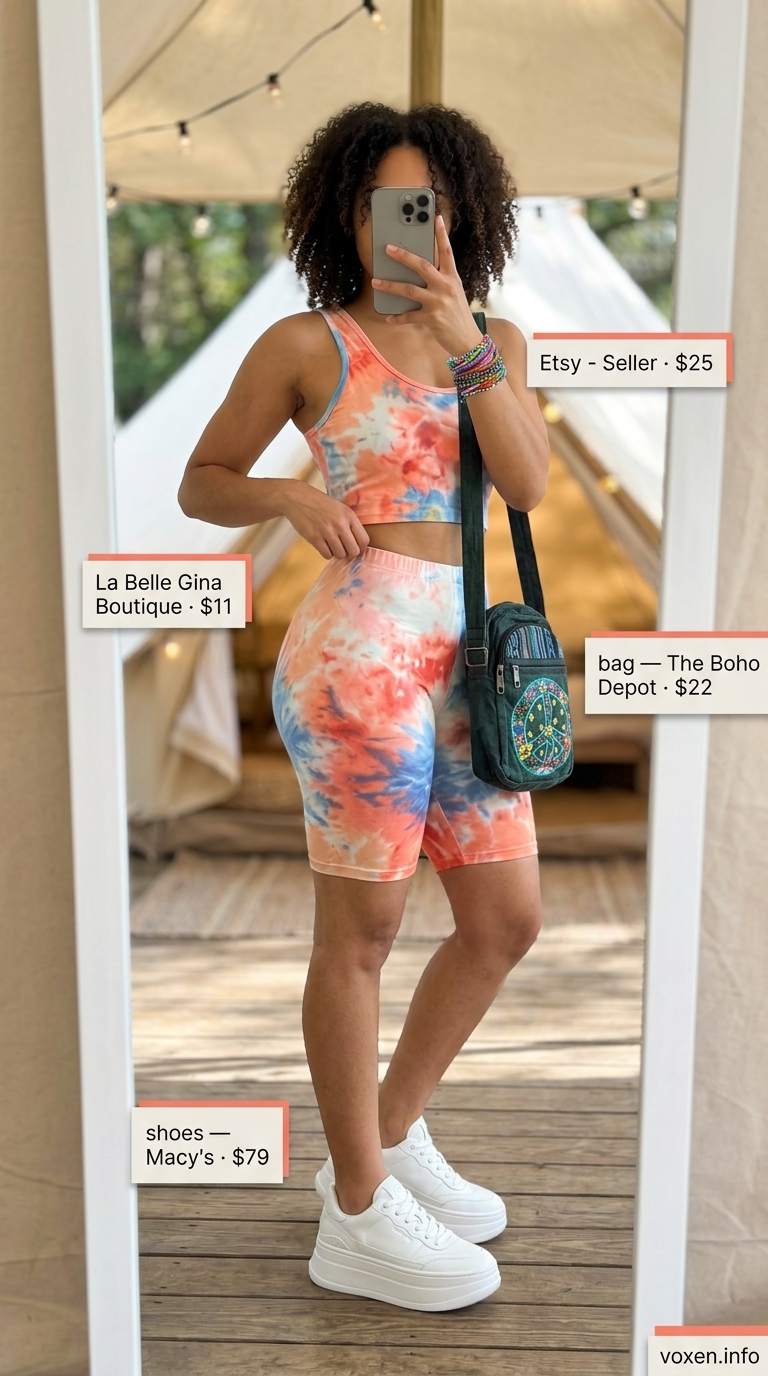 Vibrant summer rave outfit for women 2026: tie-dye set, platform sneakers, peace sign bag. Free-spirited festival style.