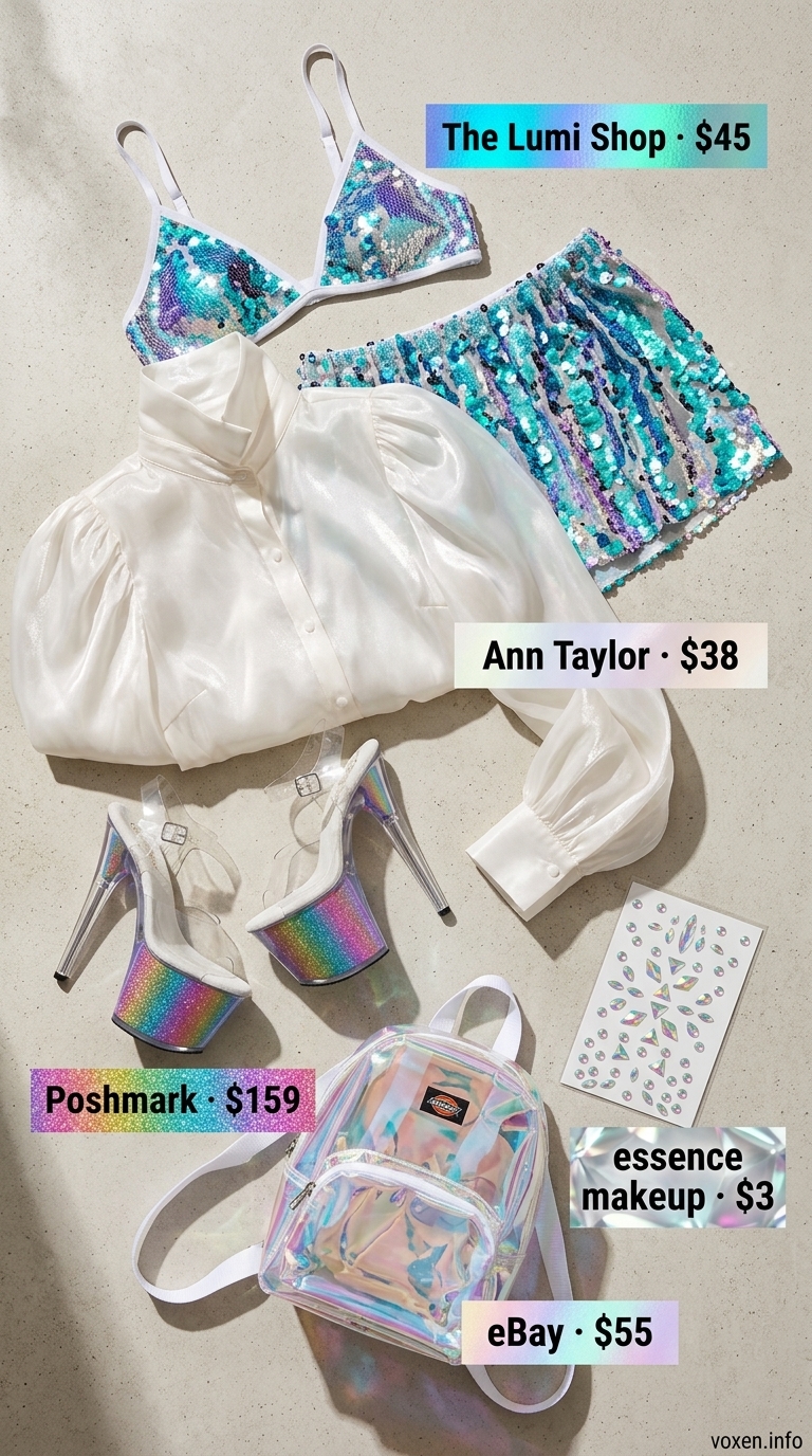 Rainbow iridescent sequin bralette & shorts with sheer white organza shirt for a summer rave outfit for women 2026.
