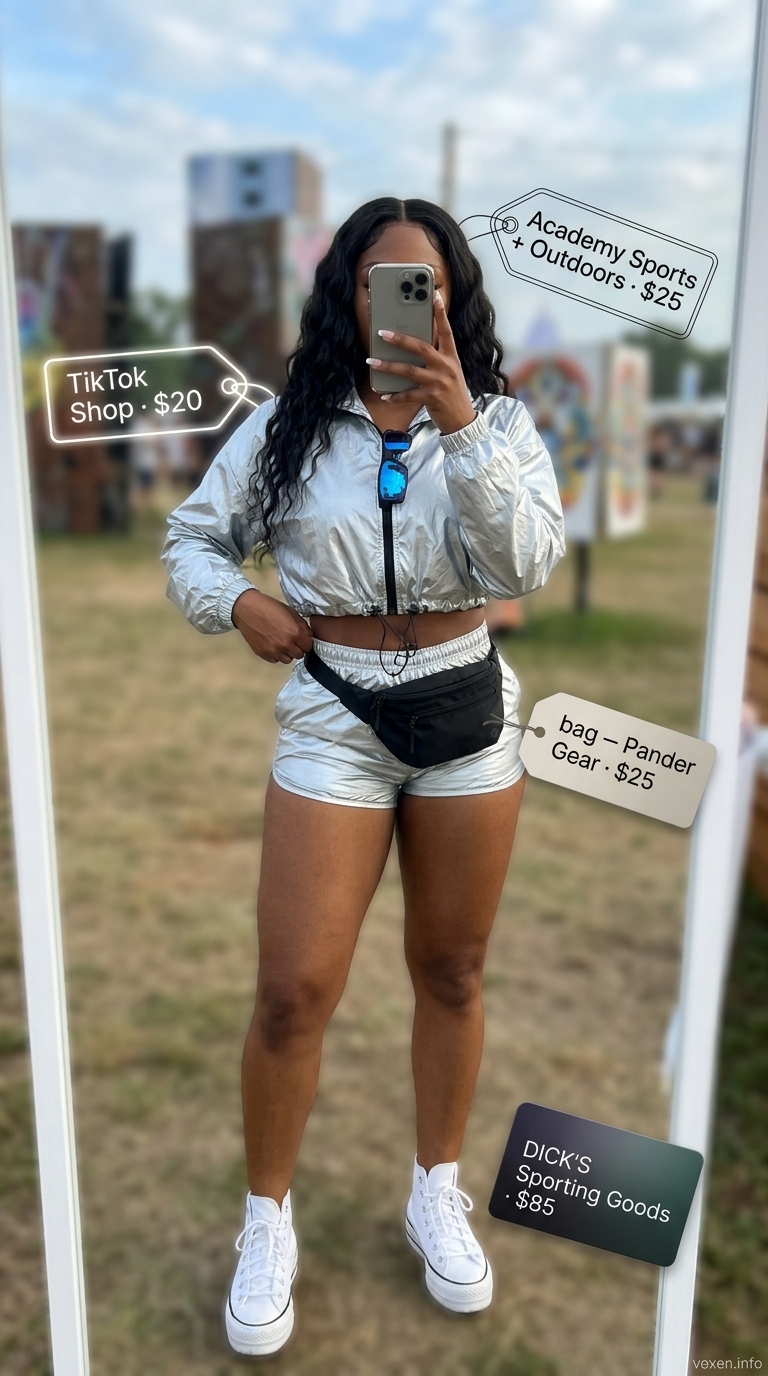 Sporty summer rave outfit for women 2026: silver reflective jacket, biker shorts, platform sneakers.