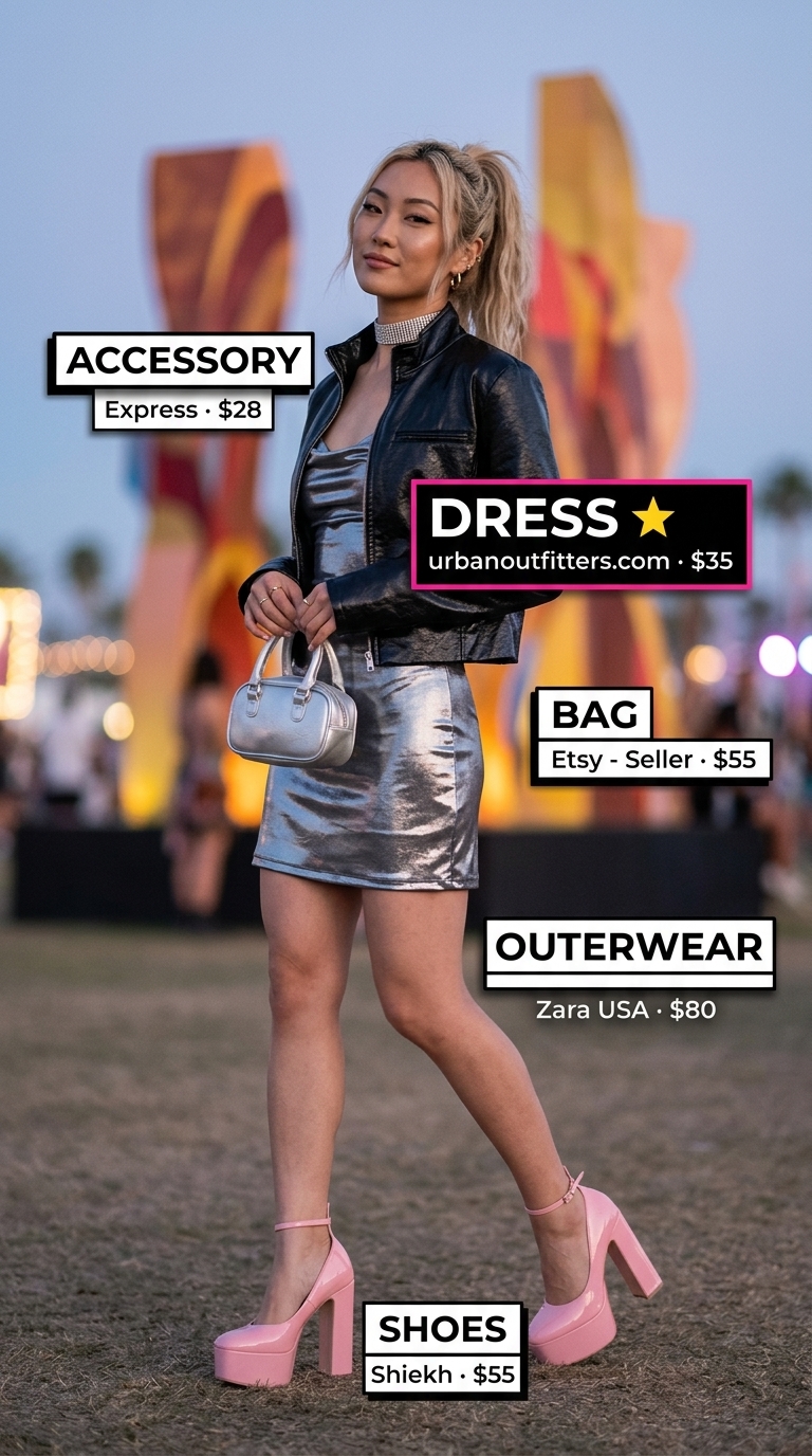 Glamorous rave dress for women 2026: Metallic silver slip dress, hot pink heels, faux leather jacket & choker.