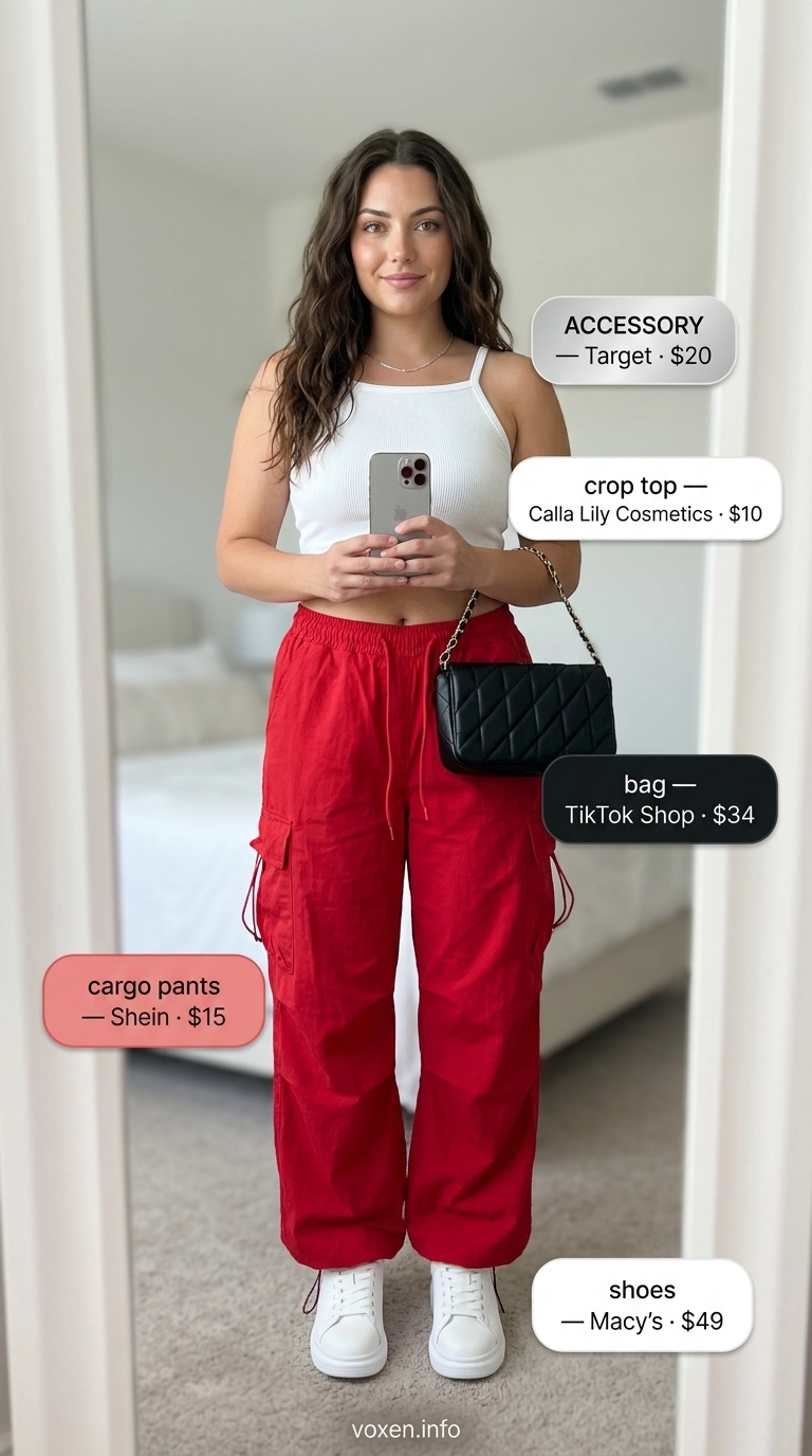 Trendy Summer Red Outfits for Women 2026: Cargo Pants Summer Red Outfits for Women 2026: Bright red cargo pants with white crop top, sneakers, and crossbody bag.