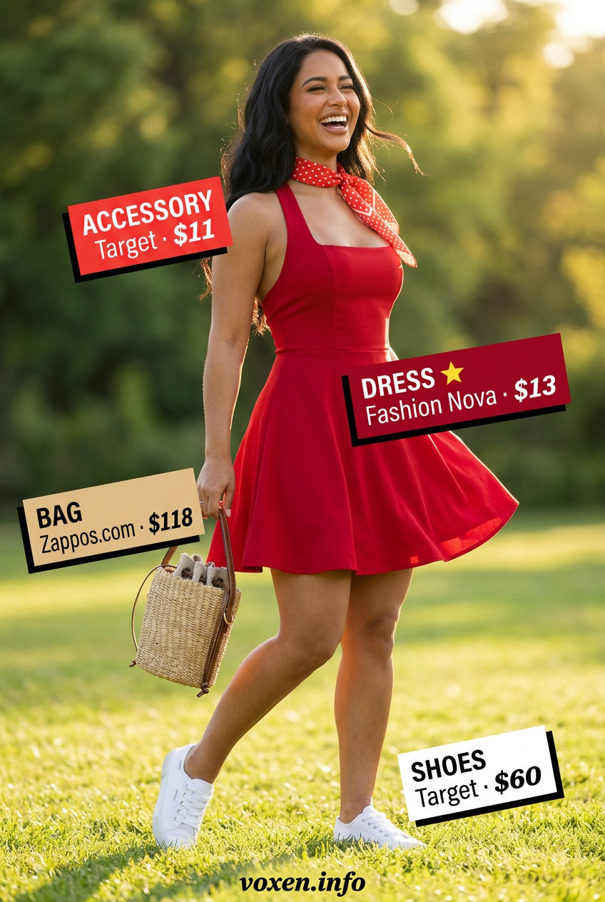 Playful Summer Red Outfits for Women 2026: Picnic Dress Summer Red Outfits for Women 2026: Cherry red A-line dress with white polka dot bandana and canvas sneakers for a picnic.