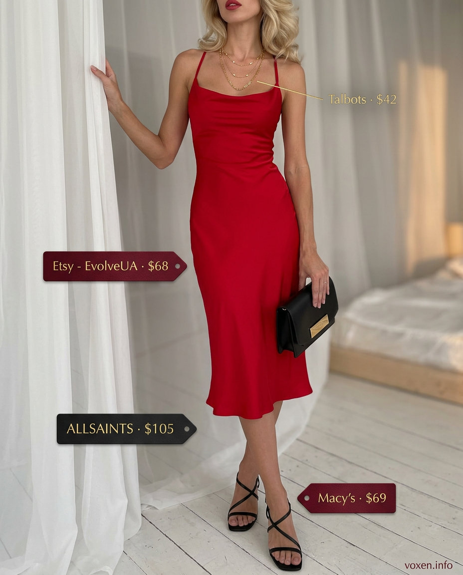 Sophisticated Summer Red Outfits for Women 2026: Date Night Summer Red Outfits for Women 2026: Vibrant cherry red slip dress with black sandals and gold jewelry for date night.