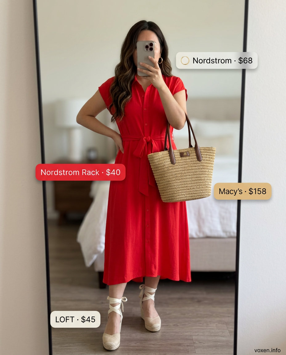 Chic Summer Red Outfits for Women 2026: Brunch Dress Summer Red Outfits for Women 2026: Bright coral red shirt dress with beige espadrilles and straw tote for brunch.