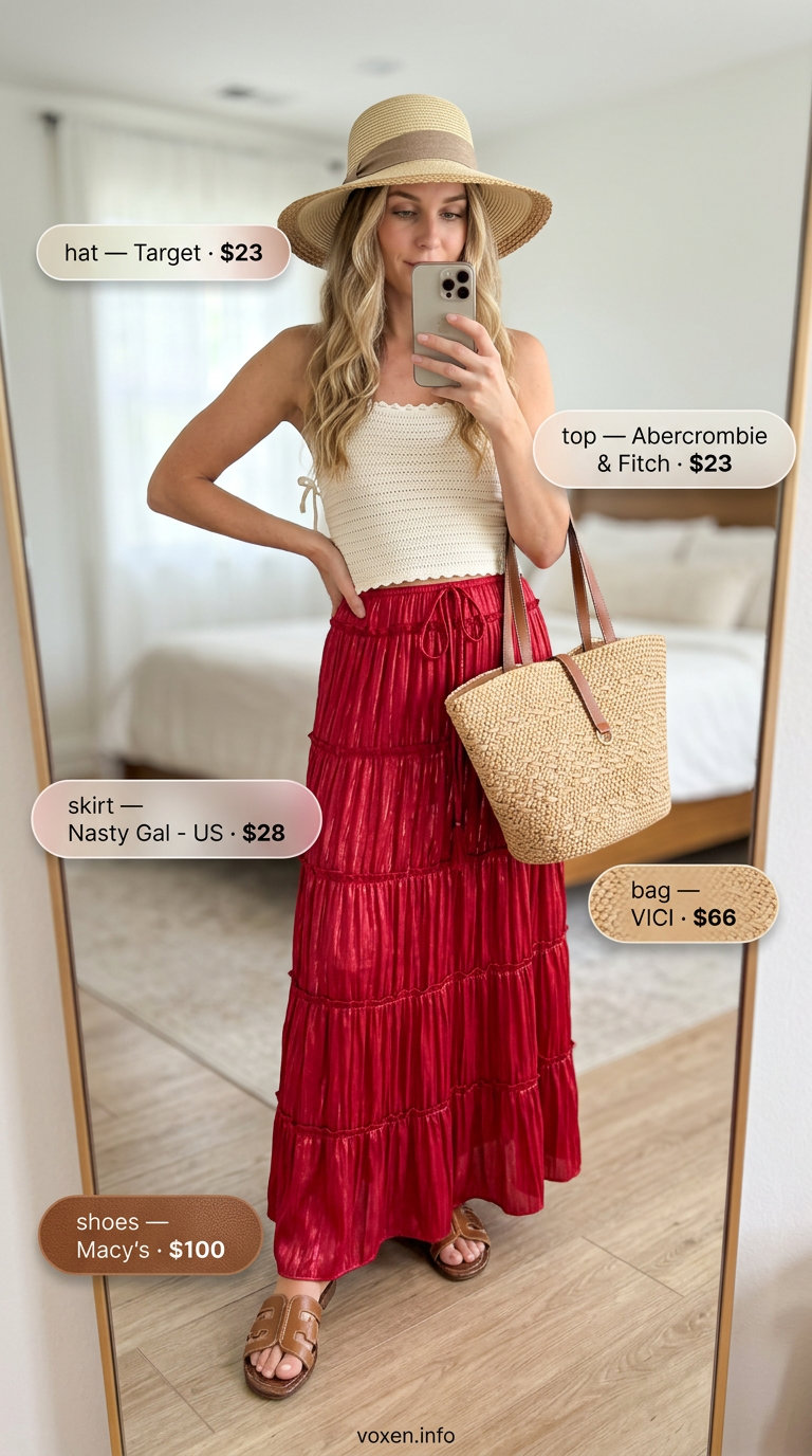 Bohemian Summer Red Outfits for Women 2026: Maxi Skirt Summer Red Outfits for Women 2026: Deep scarlet red maxi skirt with crochet top, straw hat, and sandals for beach.