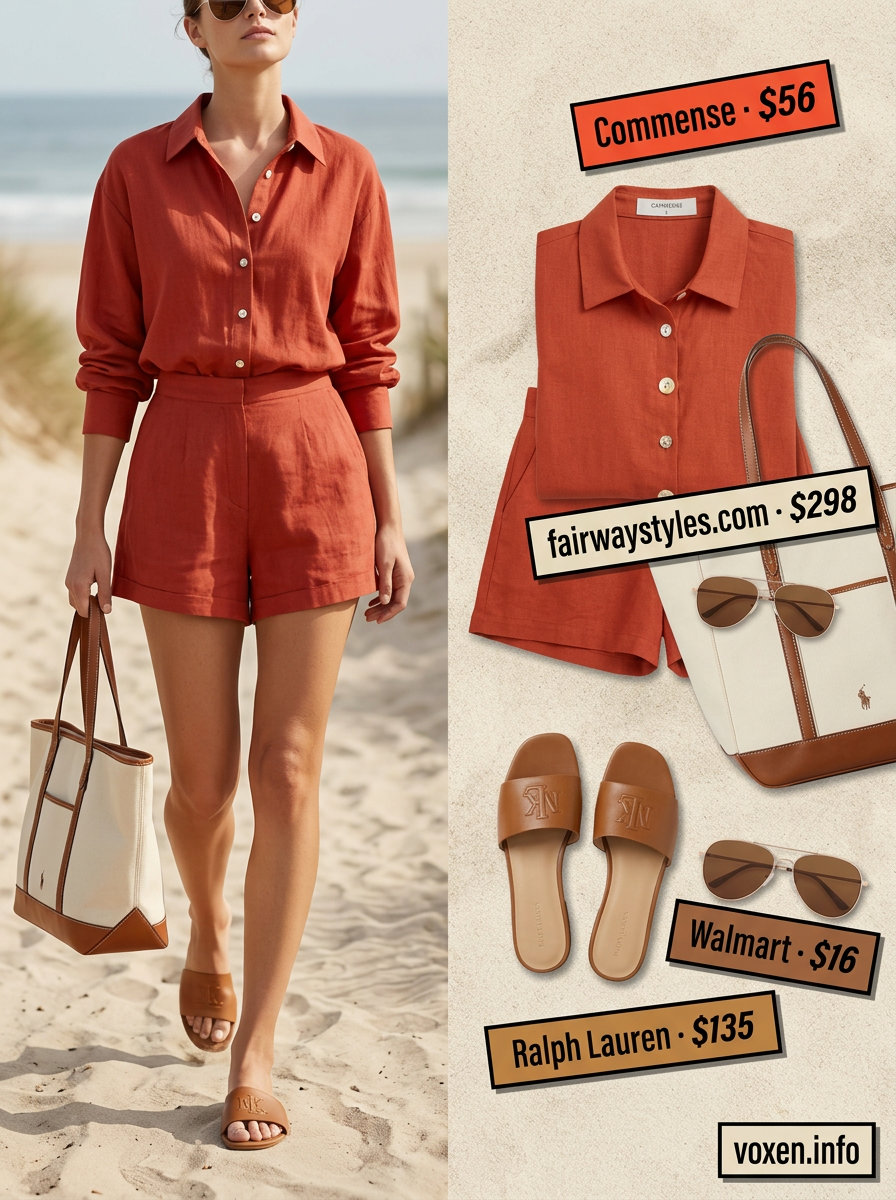 Effortless Summer Red Outfits for Women 2026: Linen Set Summer Red Outfits for Women 2026: Terracotta red linen shorts set with white top, leather sandals, and aviators.